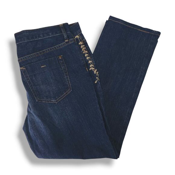 EUC Eddie Bauer Embroidered Boyfriend Relaxed Straight Leg Jeans Sz. 8x28 Indigo - Picture 1 of 12